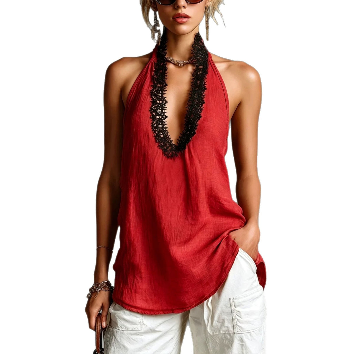 V-neck Sleeveless Halter Lace-trimmed Cotton-linen Vest by Ricaloux
