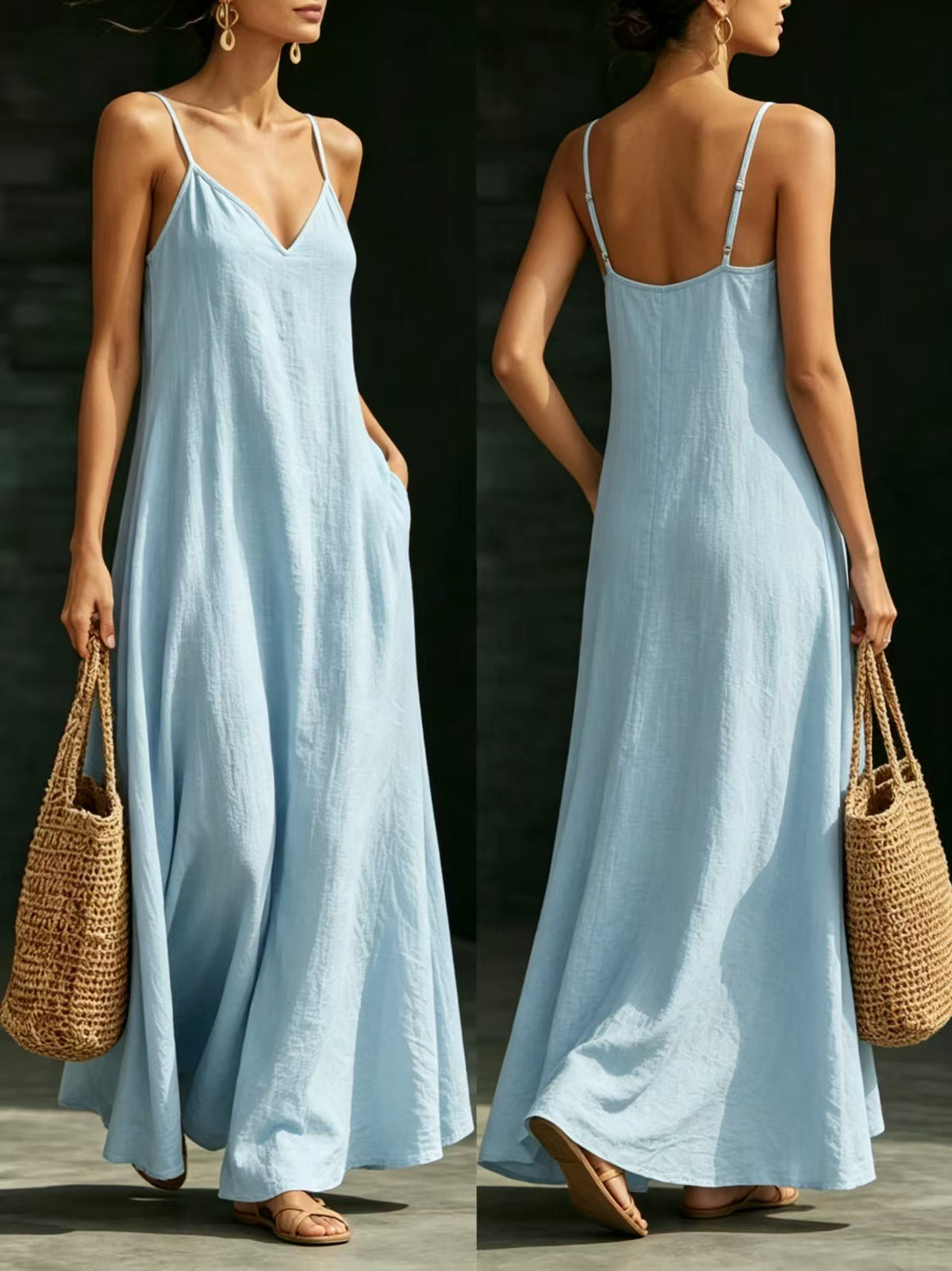 Summer V-Neck Spaghetti Strap Flowy Maxi Dress - Casual Fashion Solid Color Long Dress For Women Vaction Dress – Premium 4 | RICALOUX