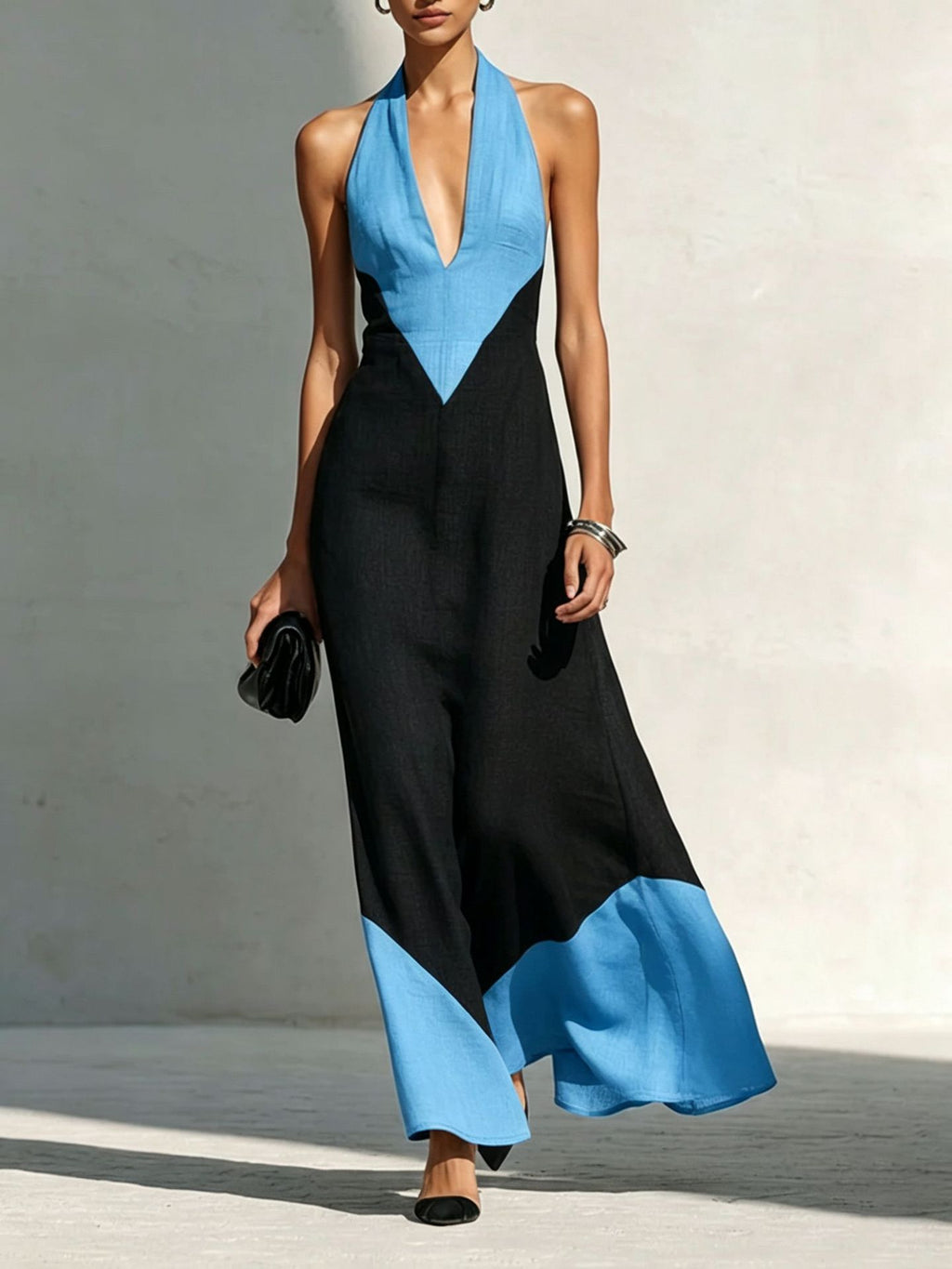 Womens Deep V-neck Color-block Slip Dress by Ricaloux