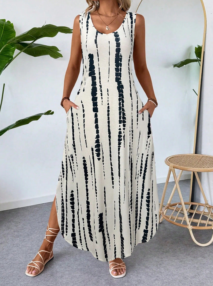 Womens Fashionable Printed Sleeveless Slit Slimming Tank Dress by Ricaloux