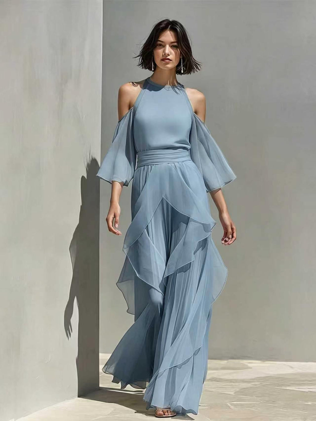 Womens Chiffon Blouse And Flare-sleeve Straight-leg Pants Set by Ricaloux