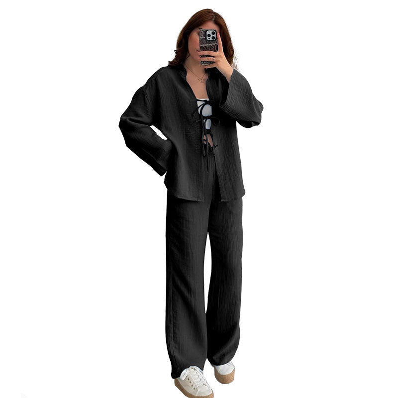 European And American-style Solid-color Lace-up Cardigan With Long Sleeves by Ricaloux