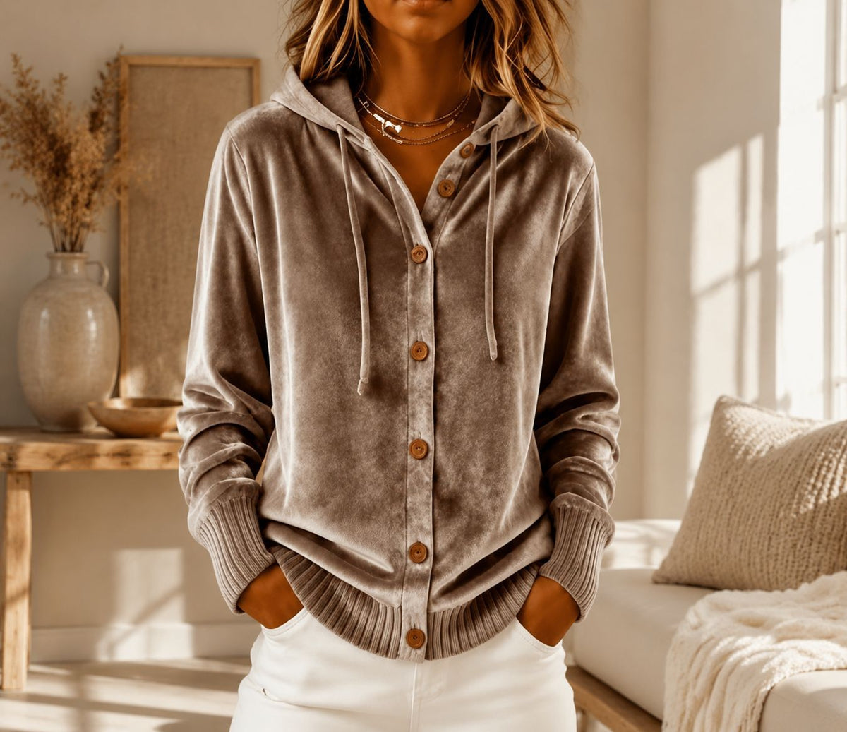 Buttoned Velvet Hooded Cardigan Solid-Color Coat For Women – Premium 0 | RICALOUX