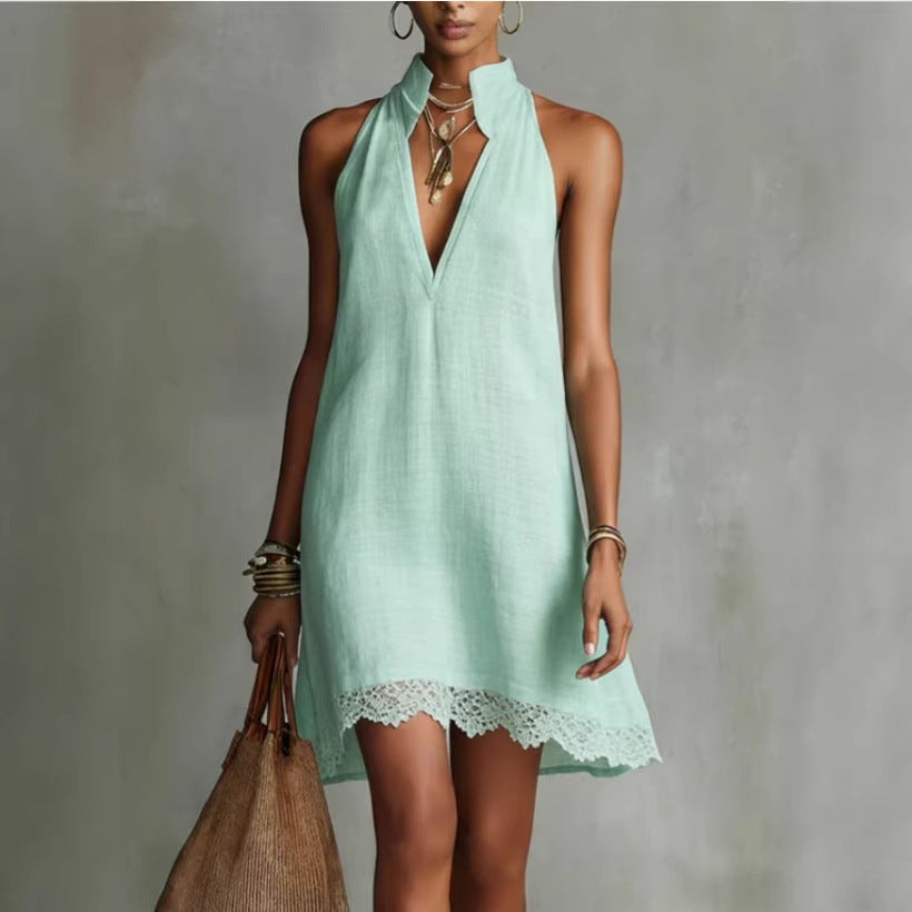 Deep V-neck Pleated Solid-color Casual Dress – Premium 0 | RICALOUX
