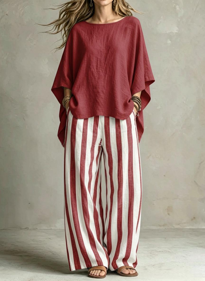 Womens Striped Pants And Cotton-Linen Top Set With Batwing Sleeves – Premium 0 | RICALOUX