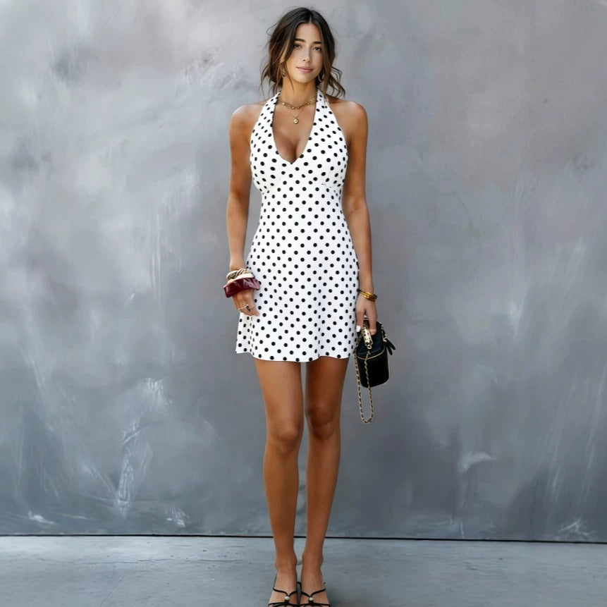 European And American-style Sexy Halter-neck Tube Top Deep-V-neck Polka-dot Dress – Premium 0 | RICALOUX