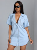 Womens Short-sleeved Loose-fit Denim Casual Shirt by Ricaloux
