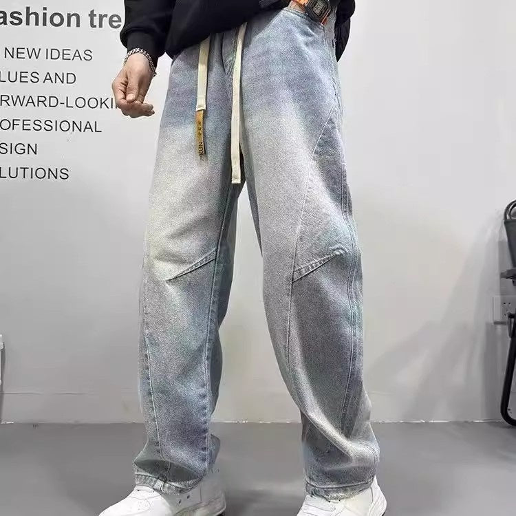 Patchwork Vintage Washed Loose Straight-leg Pants American-style Edgy And Cool Sabre-cut Trousers by Ricaloux