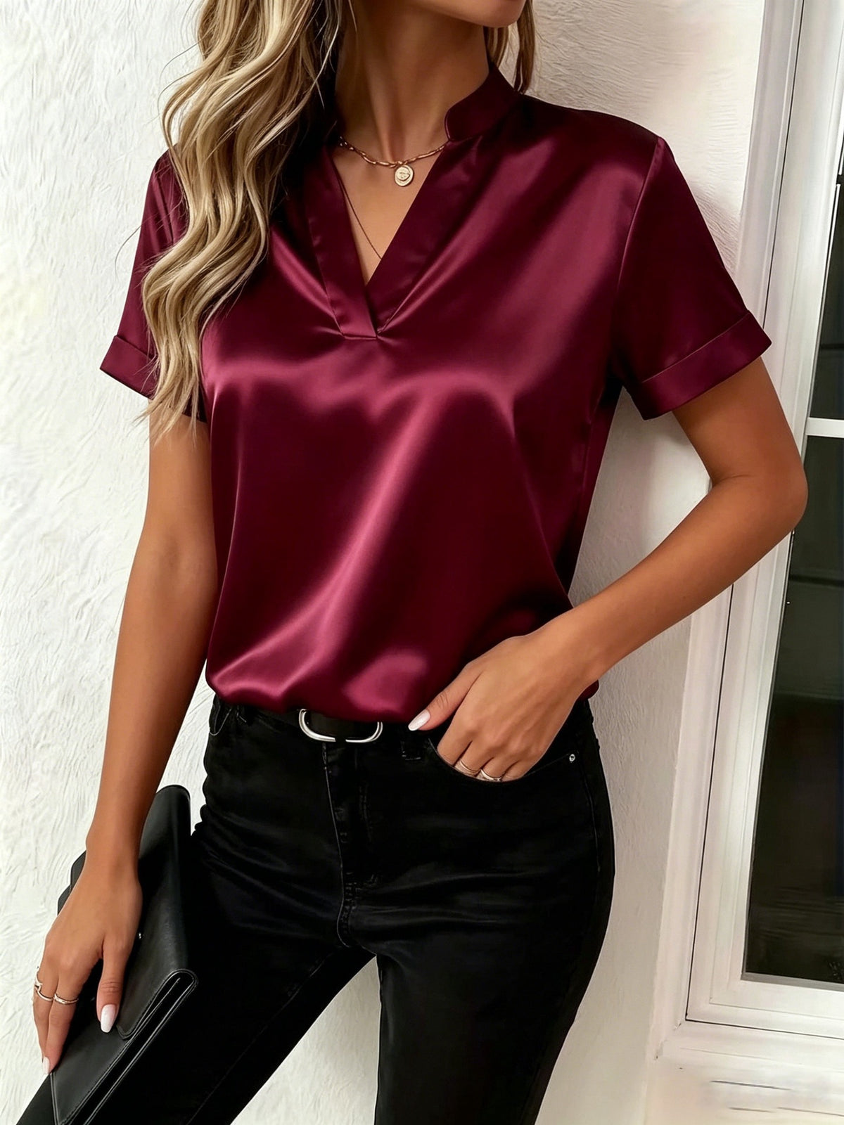 Women's Satin V-Neck Short Sleeve Blouse - Elegant Stand Collar Office Wear Top, Multiple Colors Available – Premium 4 | RICALOUX