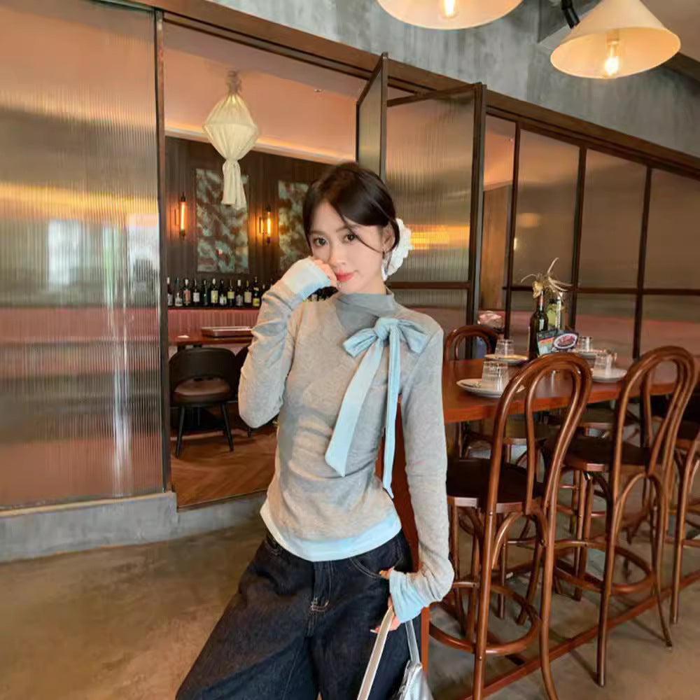 Bow-tied Contrast-Color Long-Sleeve T-Shirt For Women by Ricaloux