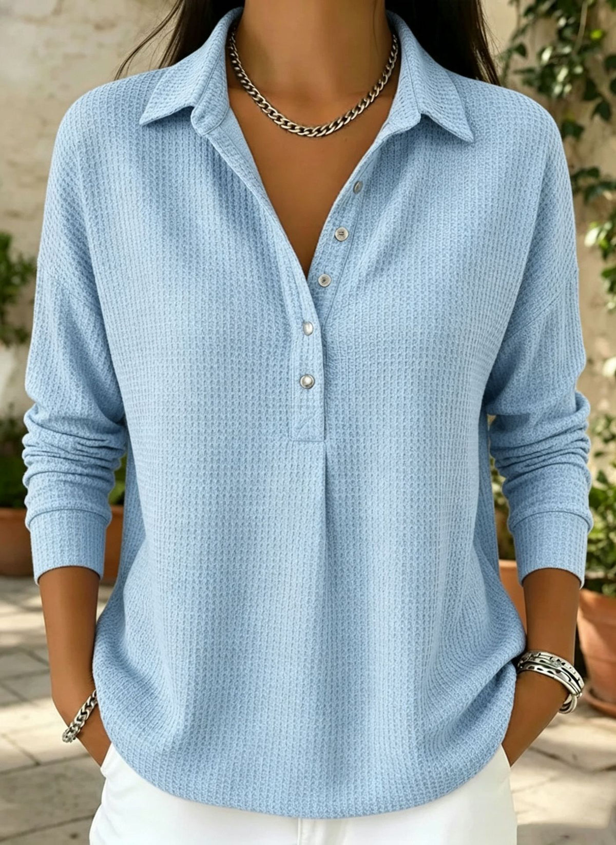 Waffle-weave Relaxed-fit Lapel Long-sleeve Solid-color Button-up Shirt by Ricaloux