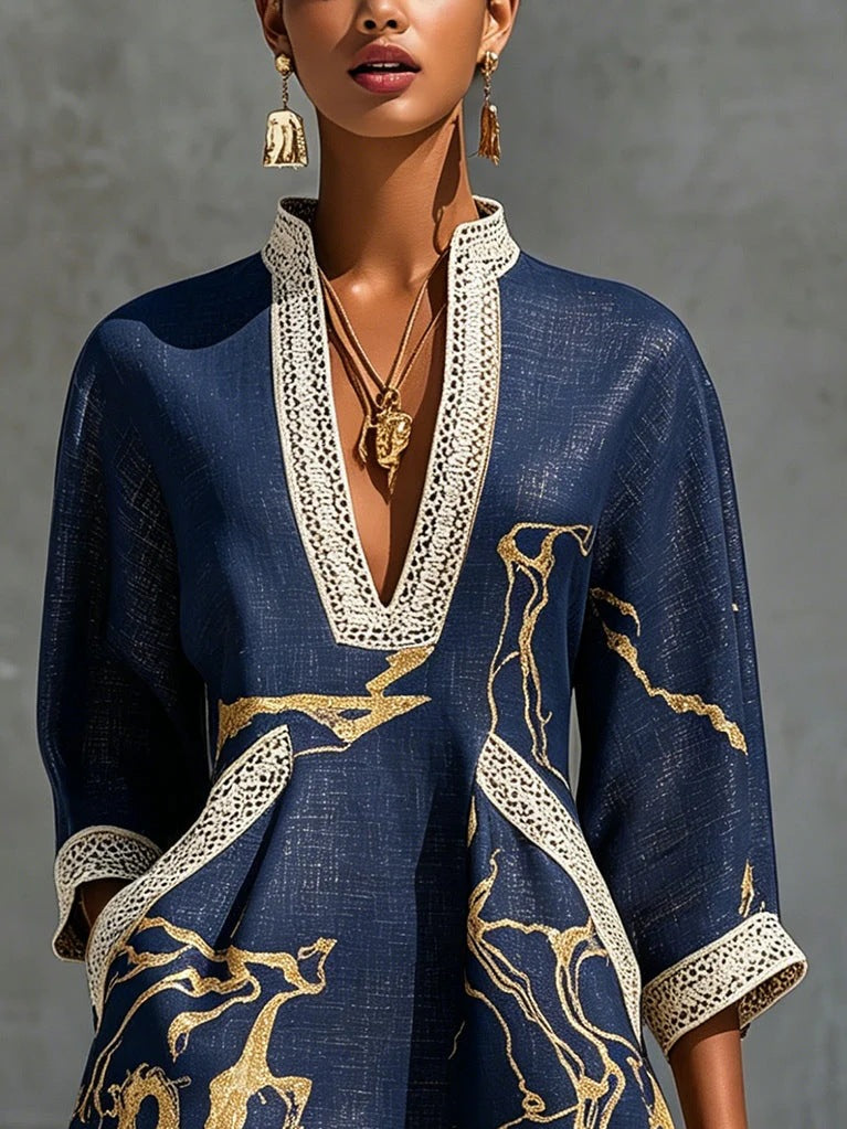 Printed V-neck Lace-trimmed Three-quarter-sleeve Mini Dress by Ricaloux