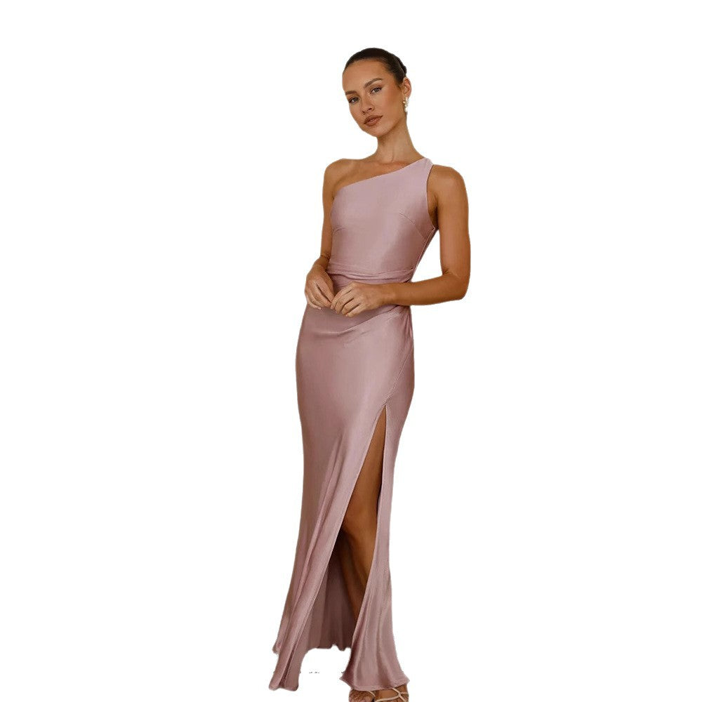 Irregularly Slit Solid-Color Long Dress by Ricaloux