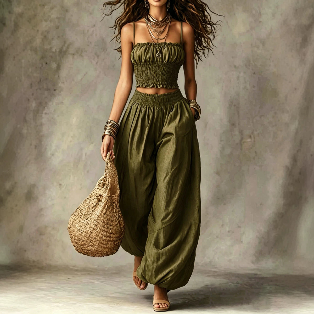 Elegant Strapless Cropped Camisole Paired With Lantern Pants Set by Ricaloux