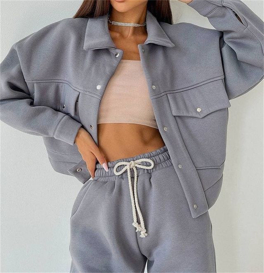 Casual Long-sleeve Two-piece Set Single-breasted Jacket And Sweatshirt by Ricaloux