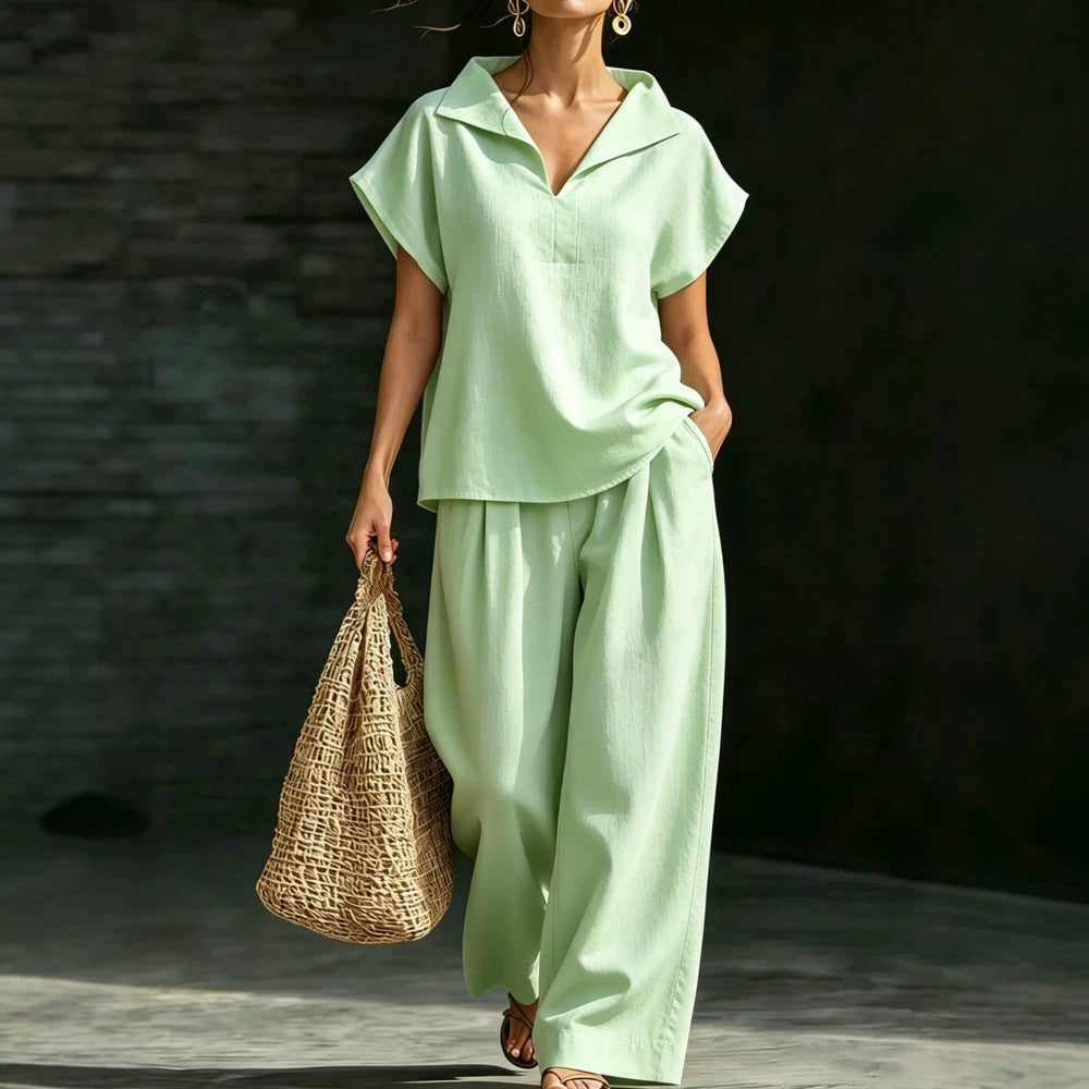 Womens Casual V-Neck Pullover Short-Sleeve Pants Set by Ricaloux