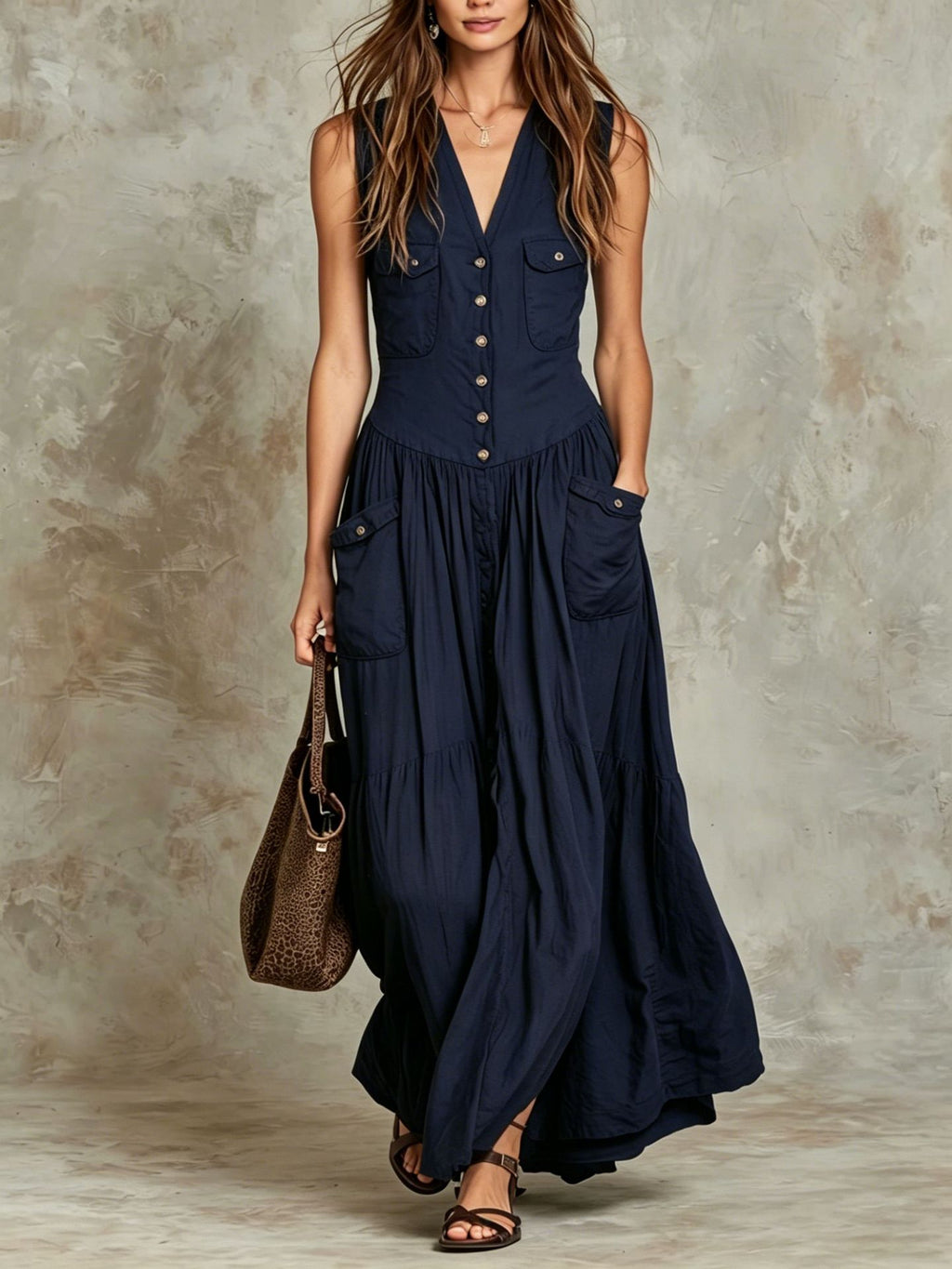 Relaxed-fit Sleeveless Casual V-neck Vintage Dress With Buttons by Ricaloux
