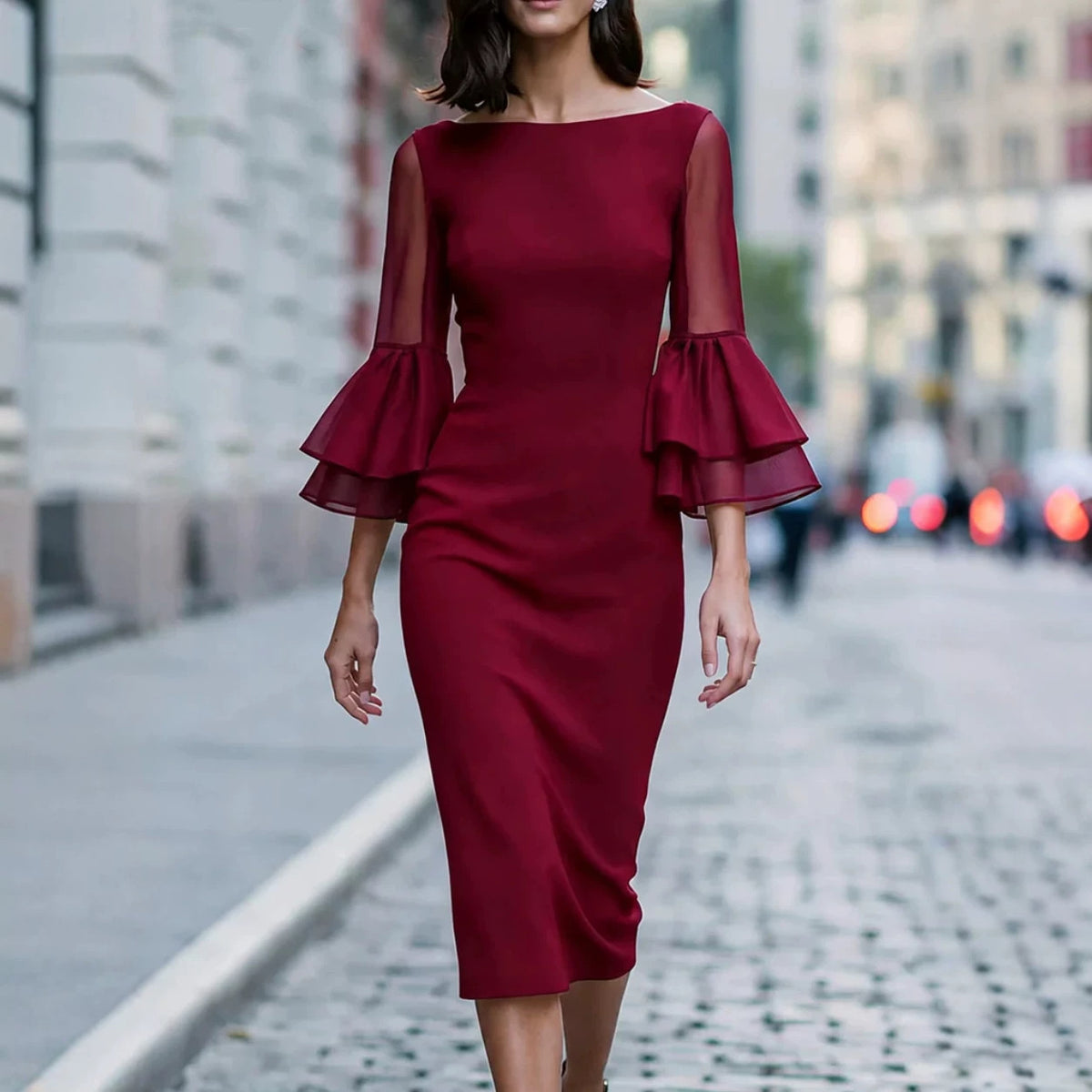Womens Off-shoulder Sheer Double-layer Flared-sleeve Figure-hugging Sheath Evening Dress by Ricaloux