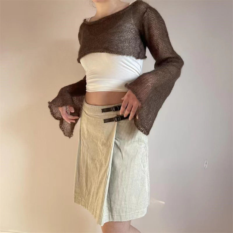 Lantern-sleeve Loose Round-neck Hollow-out Knit Sweater by Ricaloux