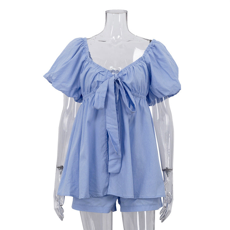V-neck Puff Sleeve Tie-up Top And Loose Shorts Two-piece Set by Ricaloux