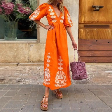 Womens Loose-fitting Casual Dress With Puff Sleeves And A Back-cutout Design by Ricaloux