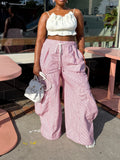Vertical Stripe Drawstring Ruched Baggy Wide Leg Casual Cargo Pants by Ricaloux