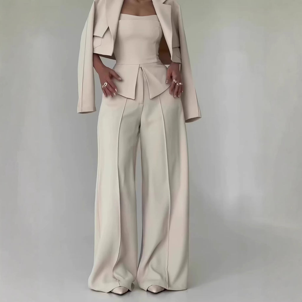 Womens Solid-color Elegant Blazer And Wide-leg Suspender Pants Set by Ricaloux