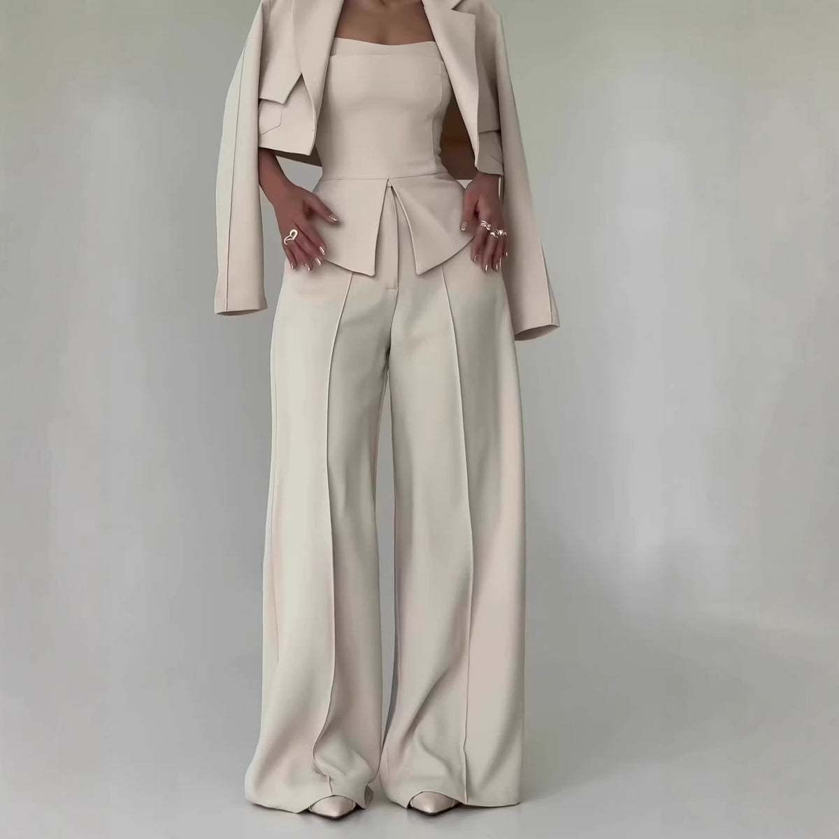 Womens Solid-color Elegant Blazer And Wide-leg Suspender Pants Set by Ricaloux