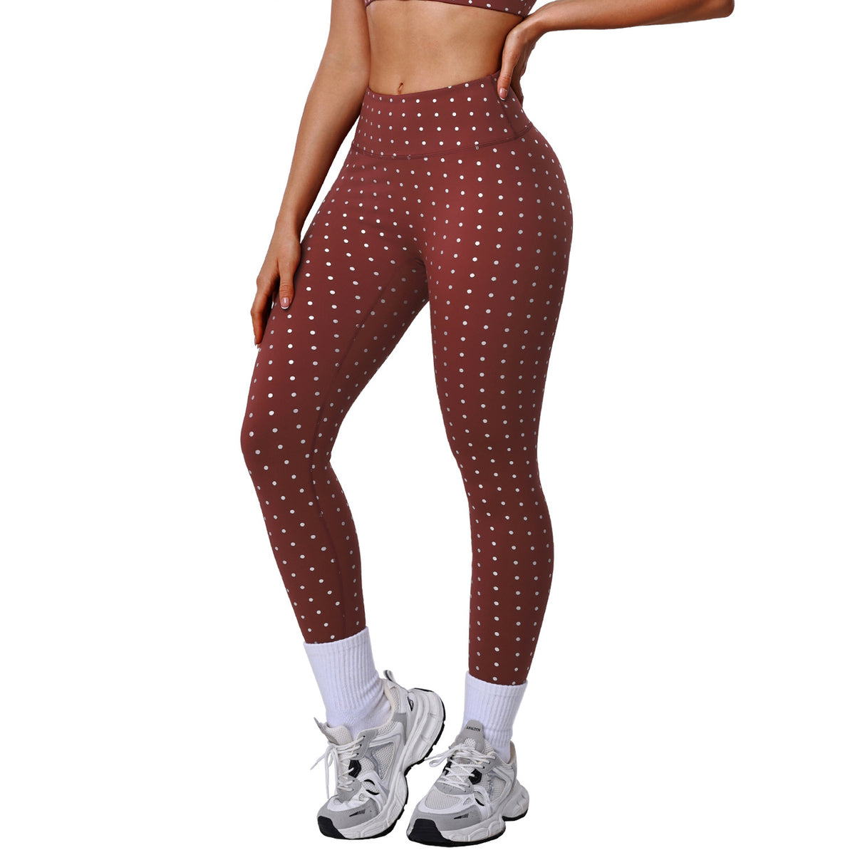 Womens High-Waisted Stretchy Silver-Hot-Stamped Polka-Dot Yoga Pants by Ricaloux