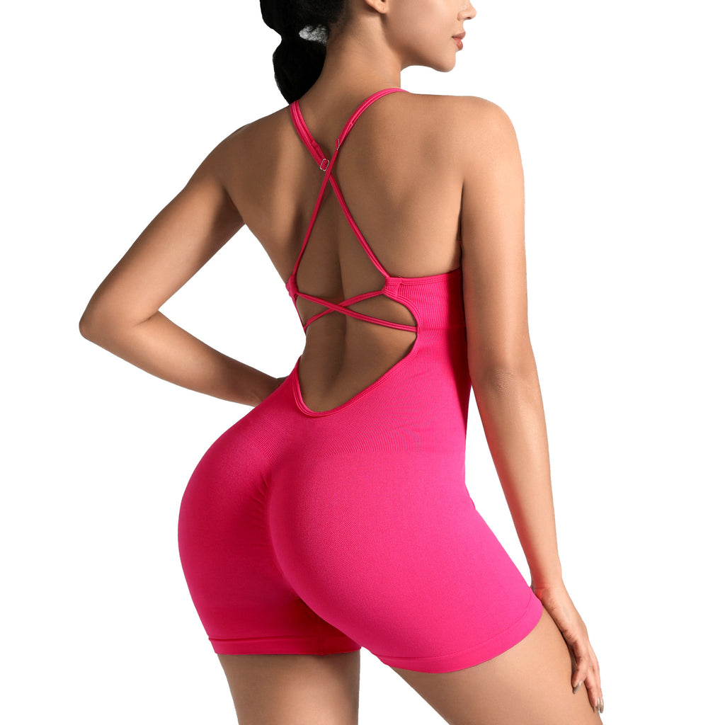 Seamless One-Piece Yoga Jumpsuit, Outdoor Back-Support Sports Bra, Peach Butt Fitness Outfit, Strappy Skin-Tight Bodysuit by Ricaloux