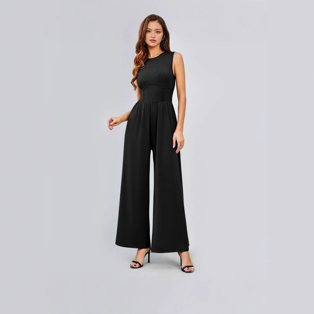 Womens Round-neck Solid-color Sleeveless Slim-fit Long Casual Jumpsuit by Ricaloux