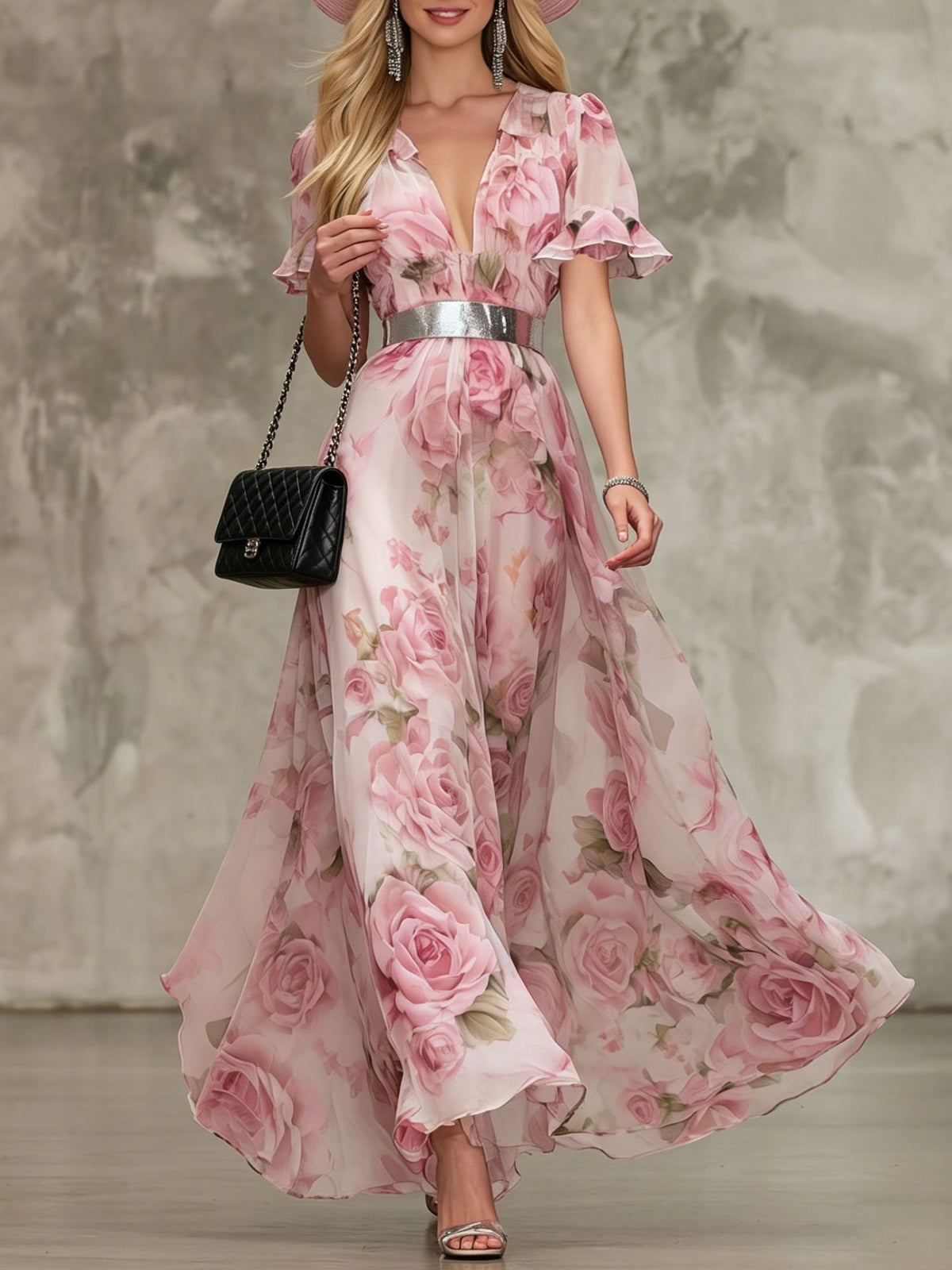 French-Style Romantic Rose-Print Chiffon Maxi Dress – Premium 0 | RICALOUX