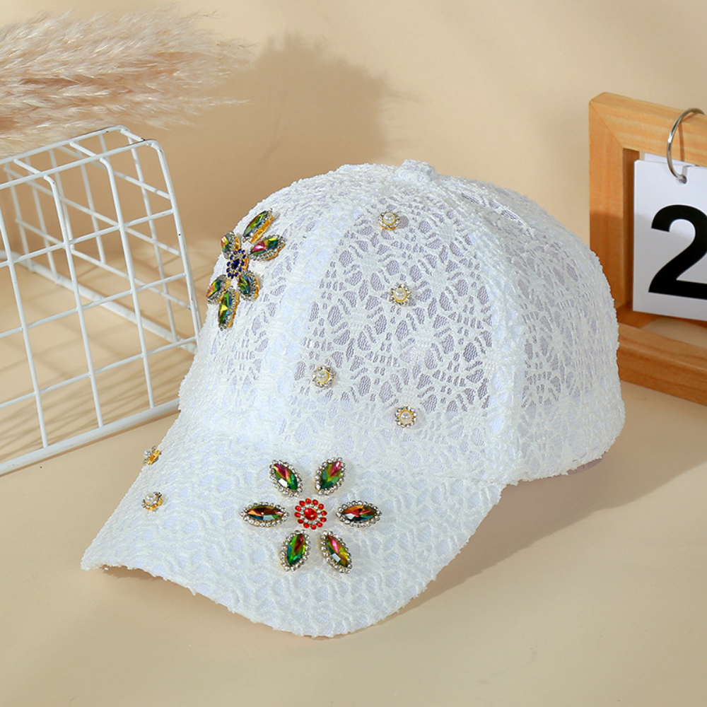Lady's Lace-textured Colored Diamond Flower-pattern Breathable Versatile Fashionable Baseball Cap Suitable For Banquets, Outings, Daily Shopping by Ricaloux