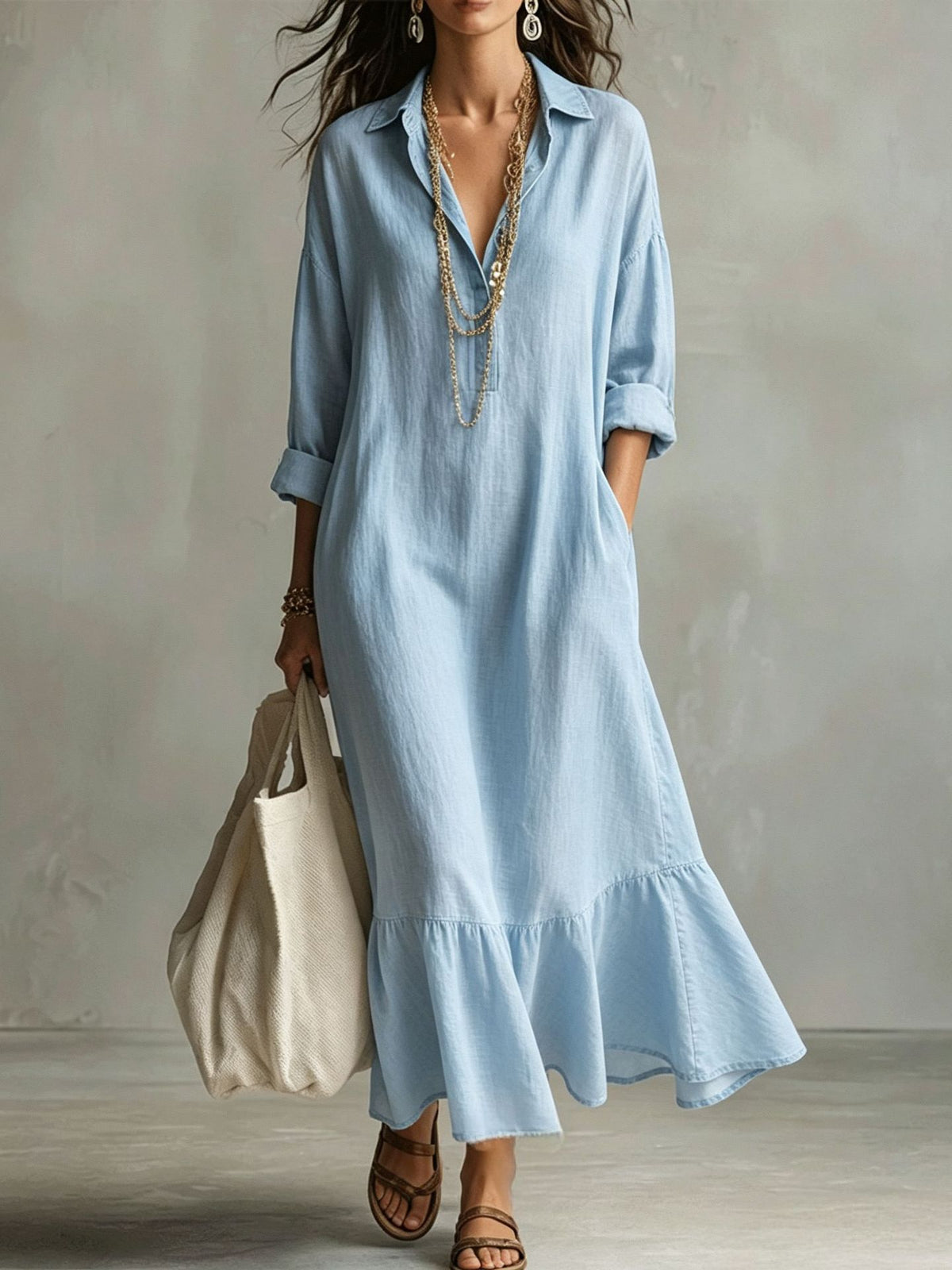 Turn-down Collar Fishtail Casual Loose-fit Figure-flattering Shirt Dress by Ricaloux