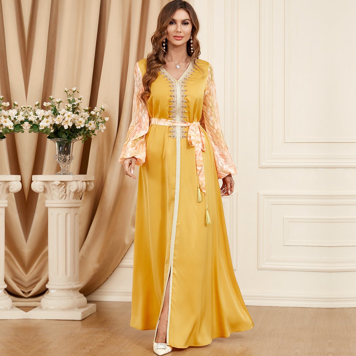 Patchwork Puff Sleeve Long Sleeve Arabic Dress - RICALOUX