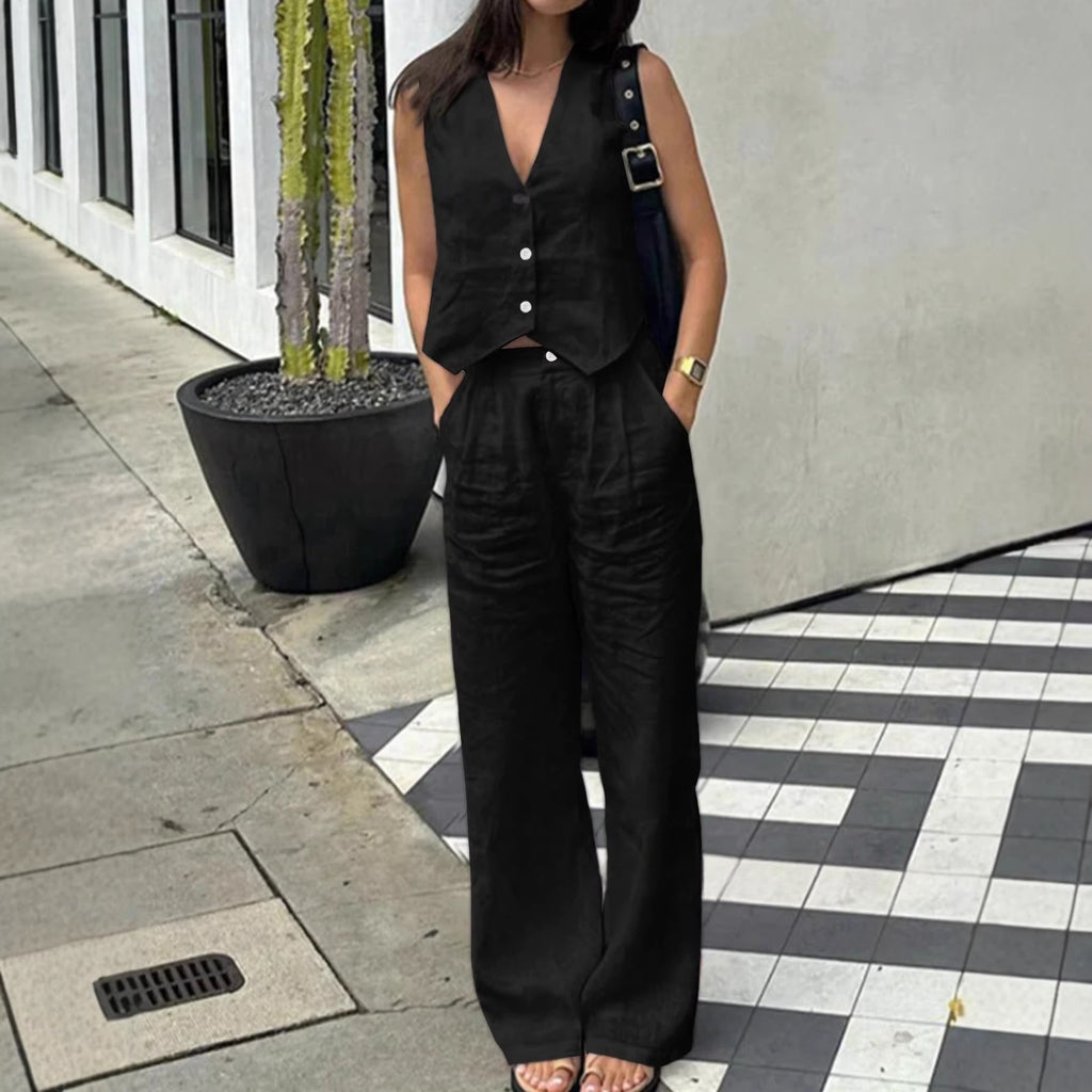 Fabric V-neck Vest High-waisted Wide-leg Pants Casual Two-piece Set by Ricaloux