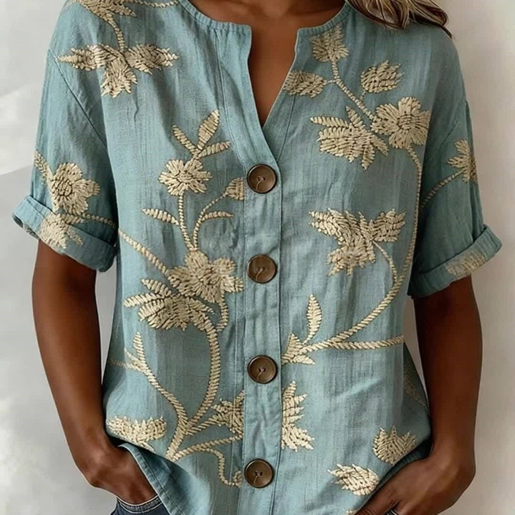 Lantern-sleeve Printed Button-up Womens Blouse by Ricaloux