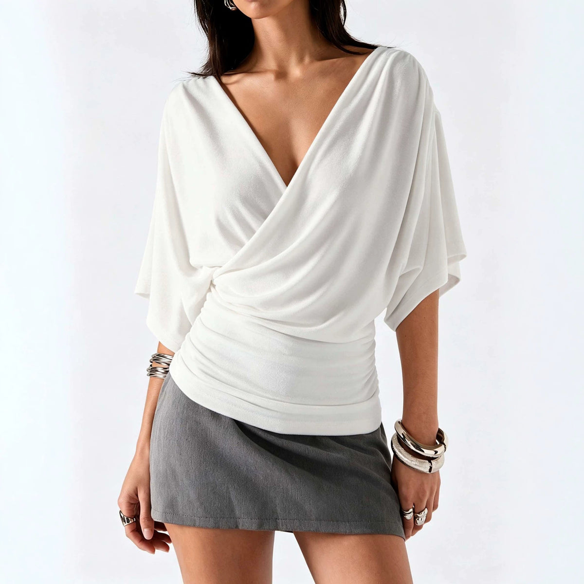 Womens French-style Cross V-Neck Batwing-Sleeve Top by Ricaloux