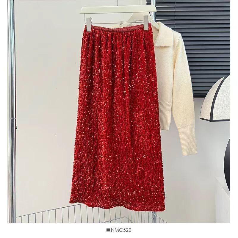 Womens Solid-Color Velvet Sequin Slit Skirt by Ricaloux