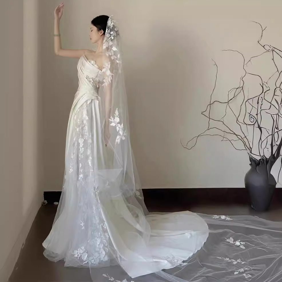 Satin Lace Wedding Veil Tube Top Fishtail Wedding Dress - RICALOUX