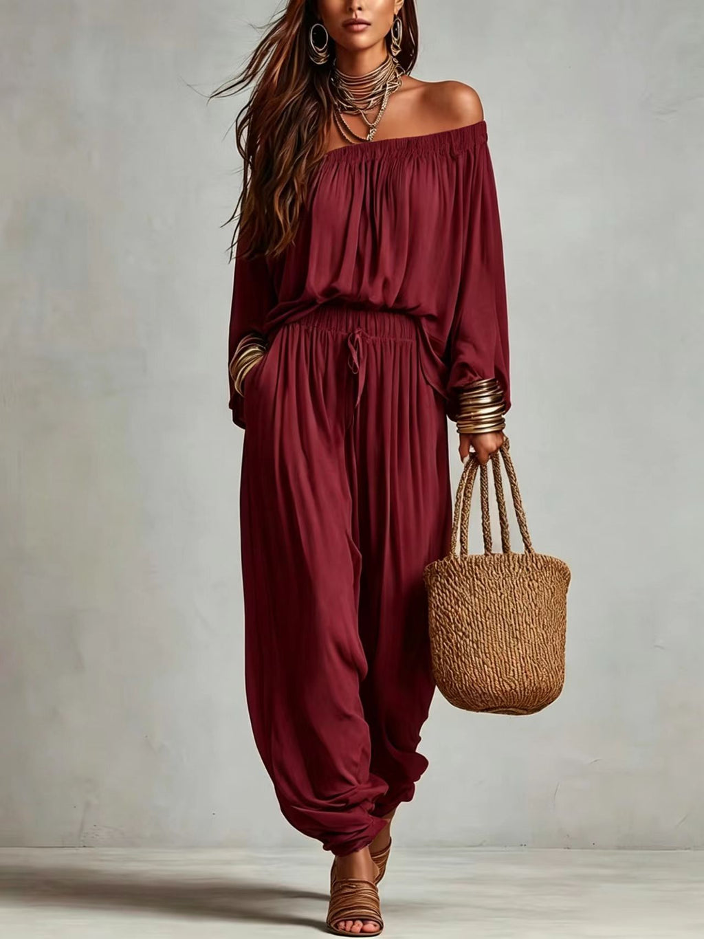 Womens Fashionable Off-shoulder Top And Wide-leg Pants Set by Ricaloux