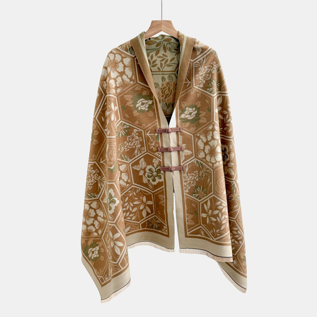 Vintage Knot-button Outerwear Jacquard Shawl by Ricaloux