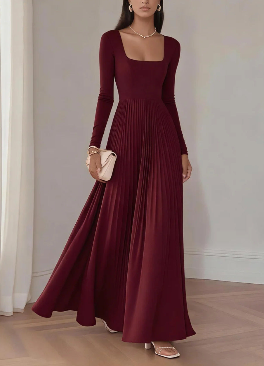 Womens Square-neck Long-sleeve Waist-cinching Pleated Dress – Premium 0 | RICALOUX