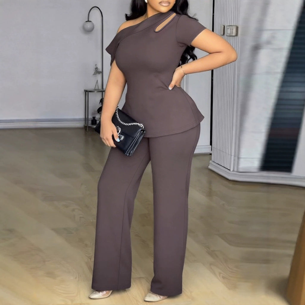 Solid-color Off-shoulder Hollow-out Short-sleeve Top And High-waisted – Premium 0 | RICALOUX