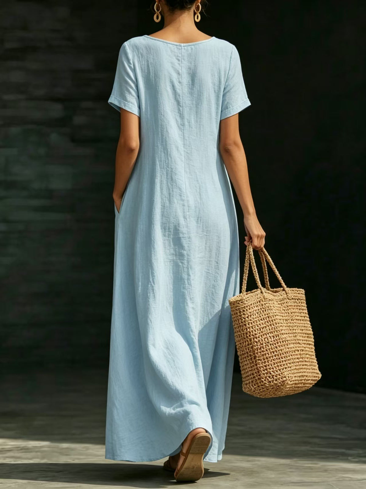 Summer U-Neck Short Sleeve Flowy Maxi Dress - Casual Solid Color Women's Loose Dress Summer Dress For Women by Ricaloux