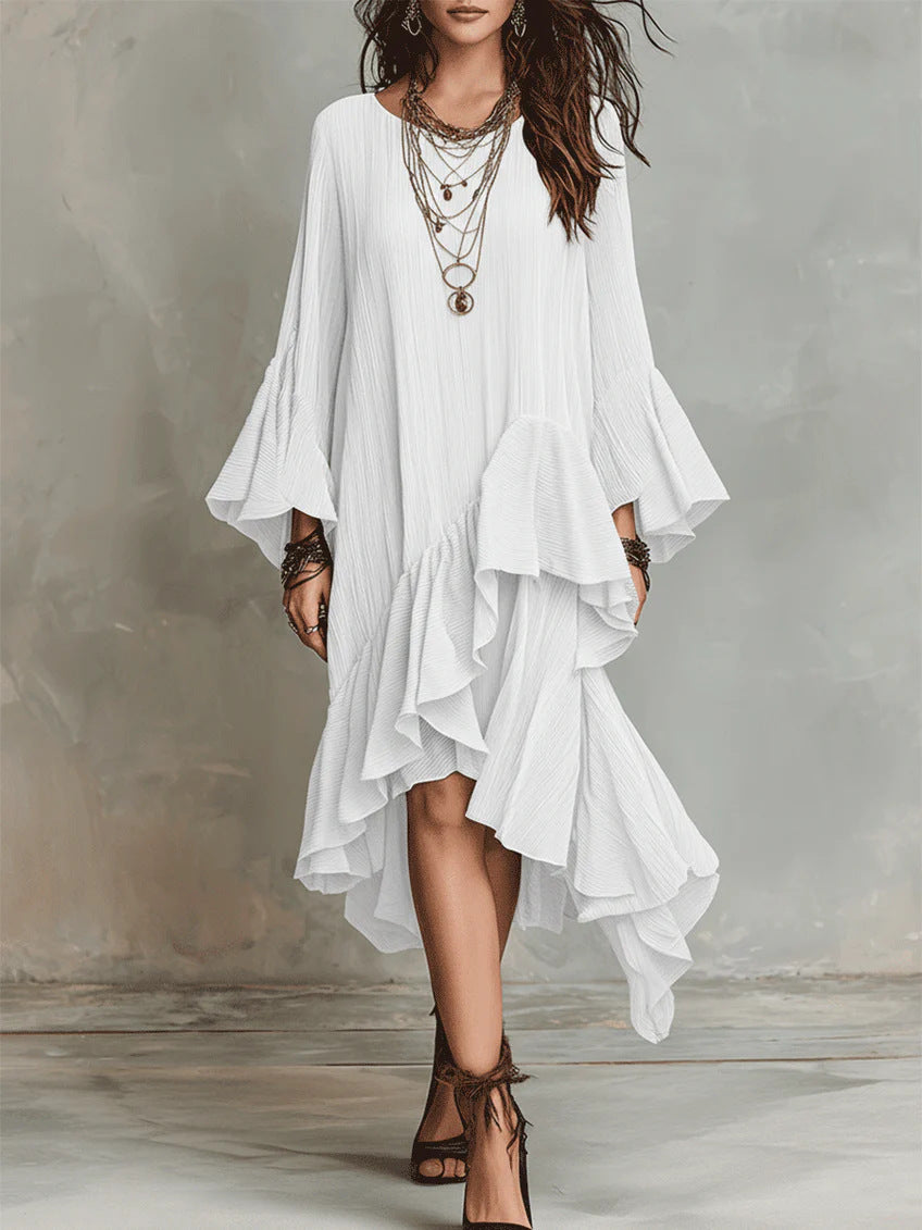 Womens Solid-color Elegant Asymmetrical Ruffled Dress by Ricaloux