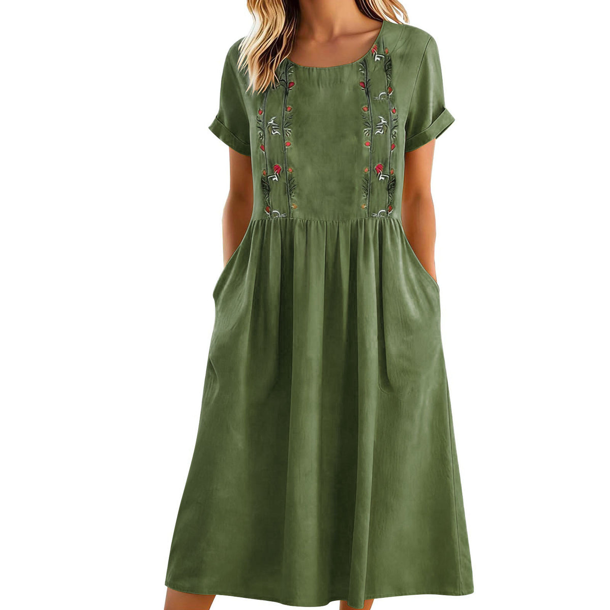Womens Embroidered Crew-Neck Cotton-Linen Pinafore Dress by Ricaloux