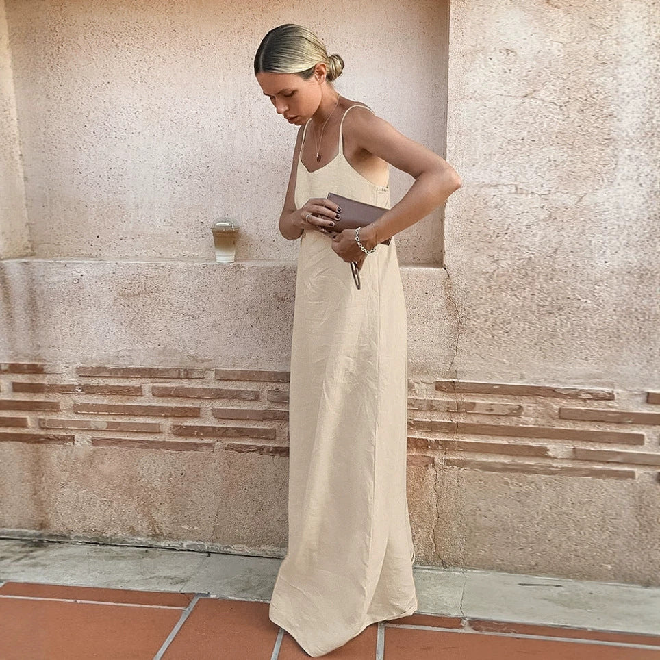 Womens Cotton-linen Strap Backless Dress – Premium 0 | RICALOUX