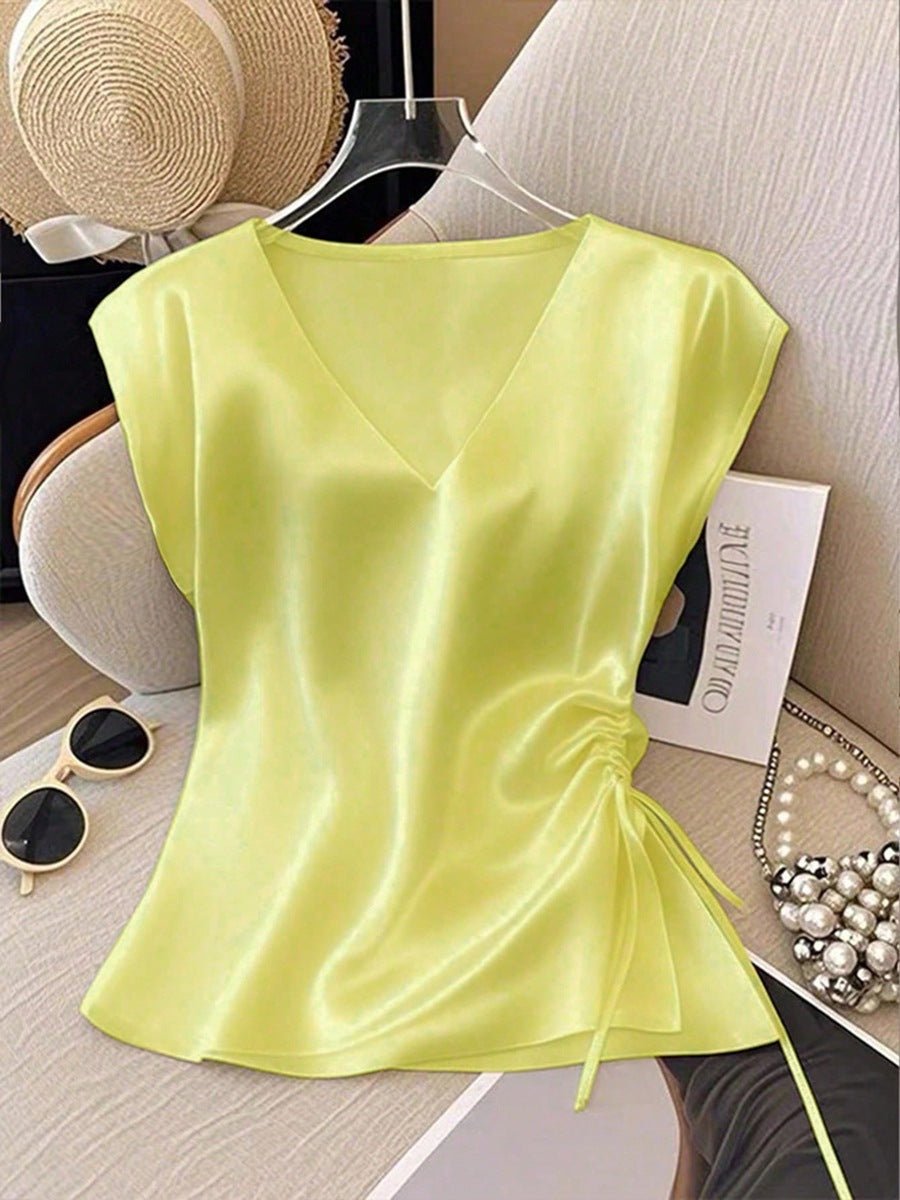 Womens Solid-Color Casual Satin V-Neck Top With Drawstring Hem - RICALOUX