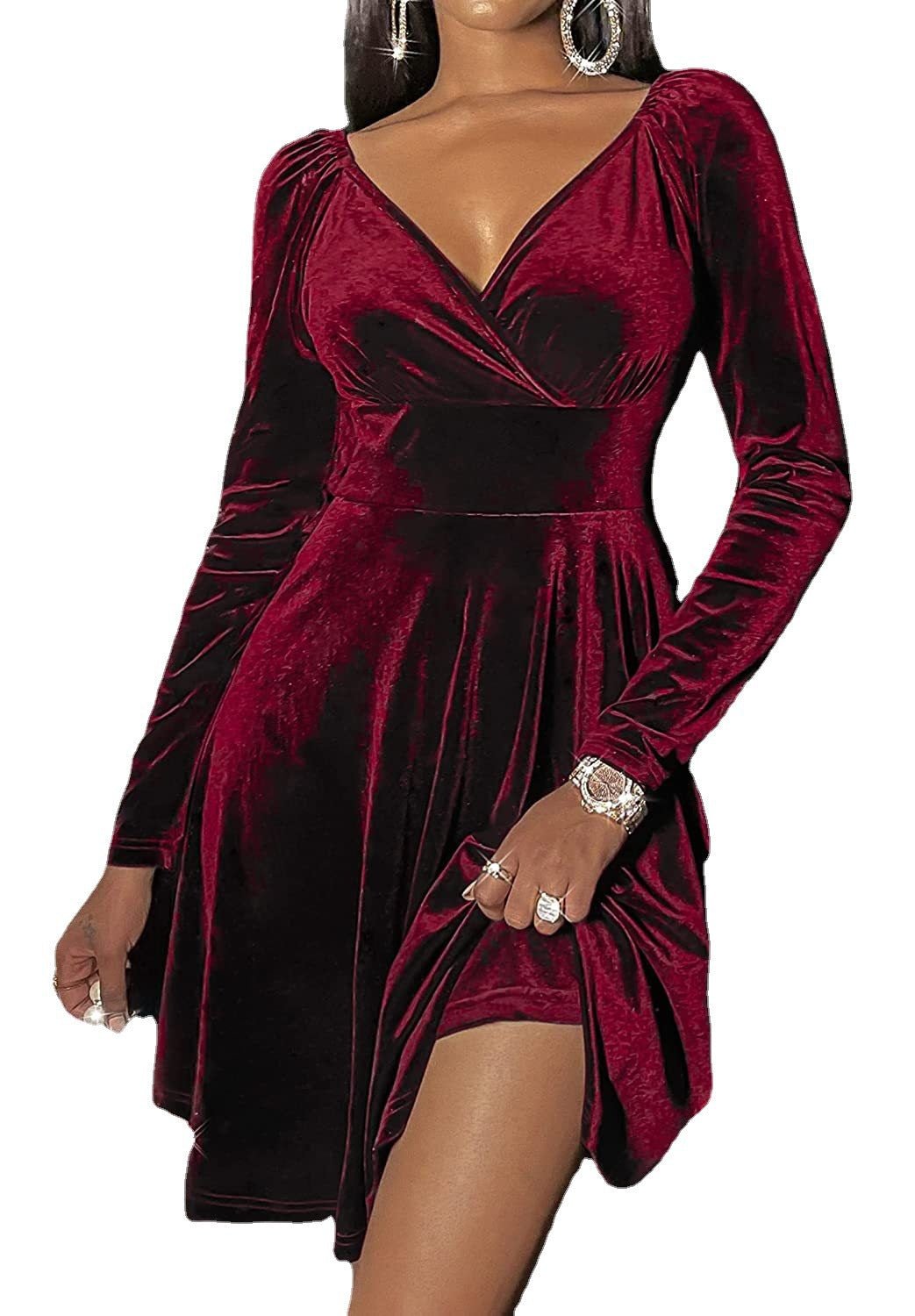 Autumn Festival Christmas Long Sleeve V-neck Dress - RICALOUX